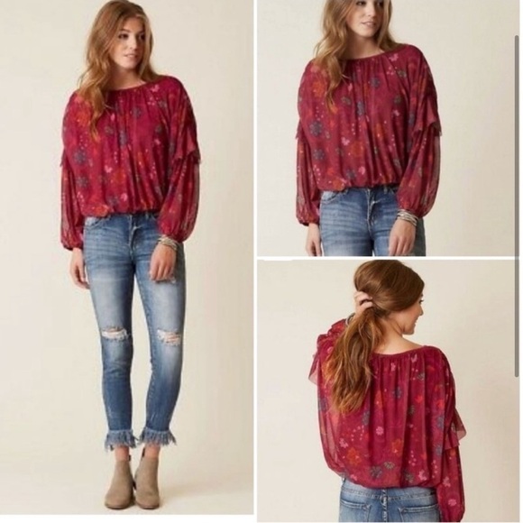 Free People Berry Wildflower Honey Boho Blouse Puffy Sleeves Girly Romantic Top - Picture 3 of 11